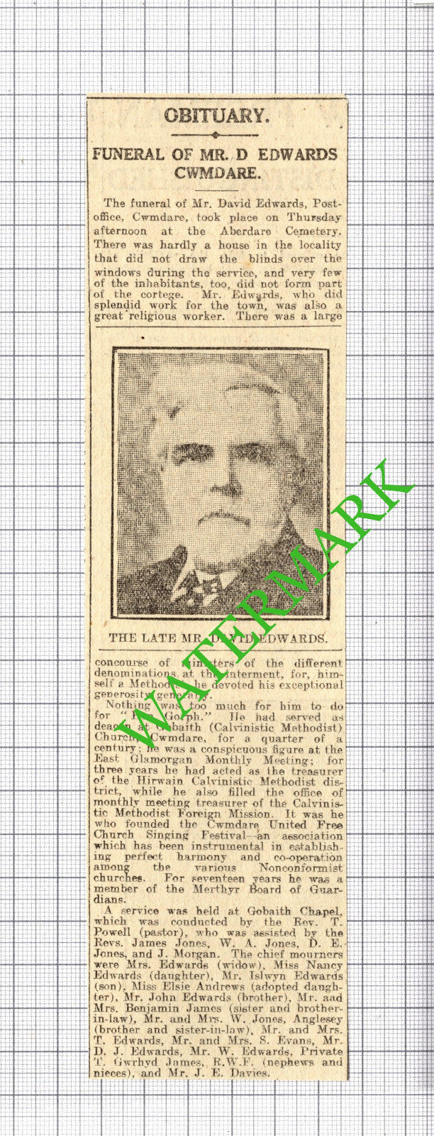 Mr David Edwards Post Office Cwmdare Wales Obituary  -  1916 News Cutting