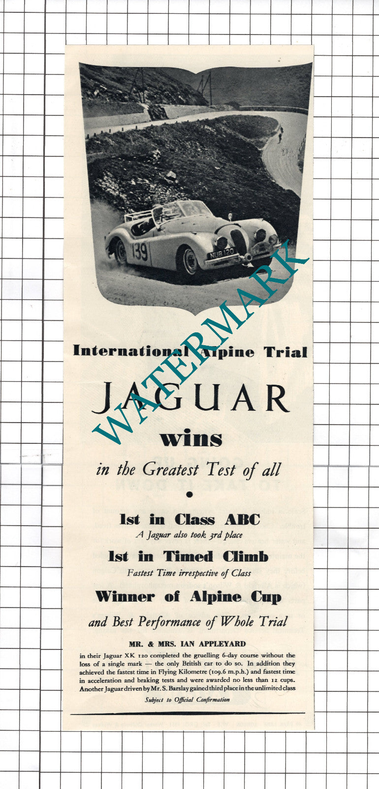 Jaguar Car Advert  Mr and Mrs Ian Appleyard  - 1950  Cutting