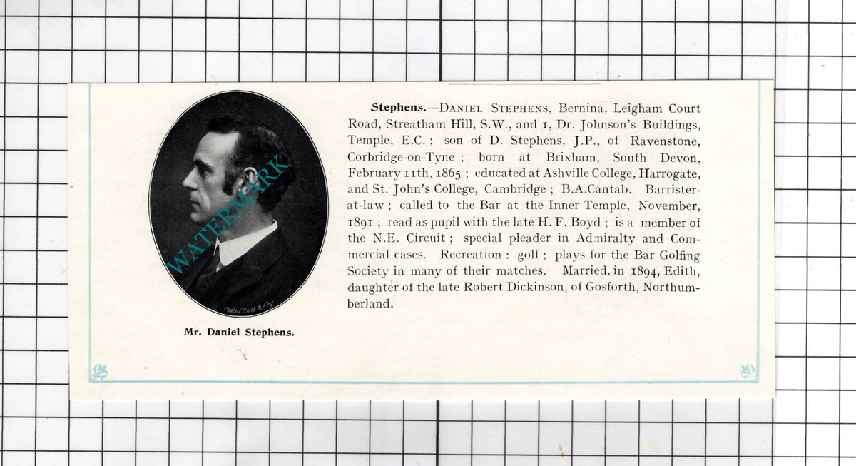 Frederick Stallard Hope Woolith London / Daniel Stephens Bernina   1905 Clipping