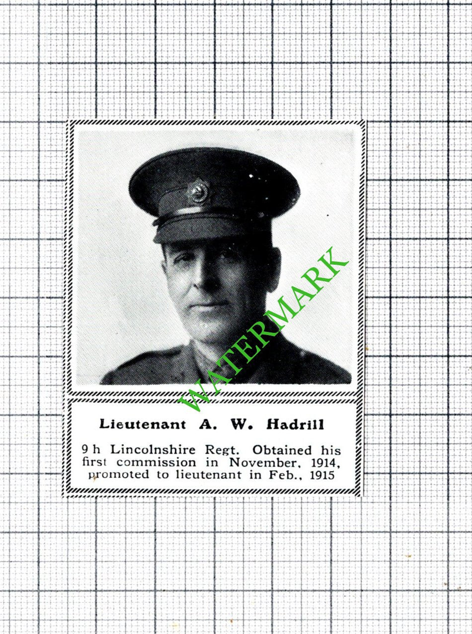 Lt A W Hadrill 9th Lincolnshire Reg World War One WW1  - c.1918 SMALL Cutting