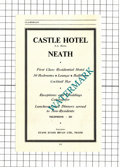 Neath Tourism / Castle Hotel Neath Evans Bevan Advert - 1953 Clipping