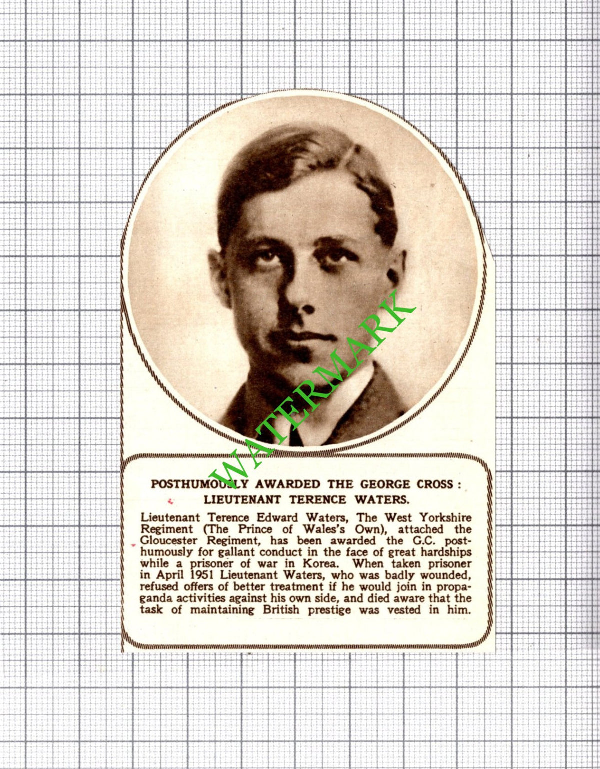 Lt Terence Waters The West Yorkshire Regiment Korea WW2 - 1954 Small Cutting