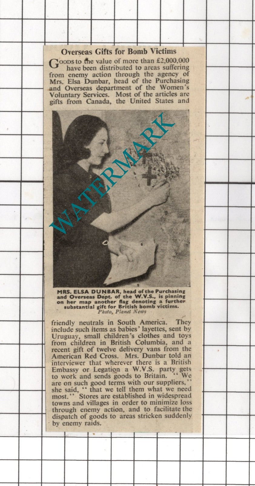 Mrs Elsa Dunbar WVS  WW2  - 1941 Small News Clipping