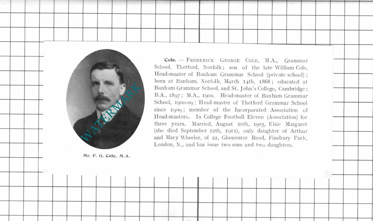 Frederick George Cole Banham School / Sydney Churcher Felixstowe - 1911 Clipping