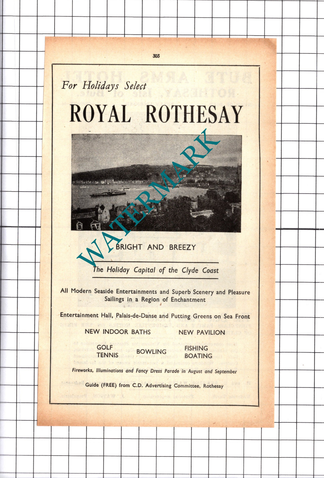 Rothesay Scotland Holiday Advert  / Bute Arms Hotel Watson Advert-  1939 Cutting