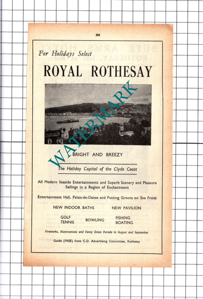 Rothesay Scotland Holiday Advert  / Bute Arms Hotel Watson Advert-  1939 Cutting