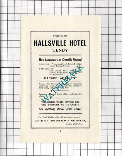 Carrington Hotel Tenby Wales Miss de Vine Hallsville Hotel  - 1936 Small Advert