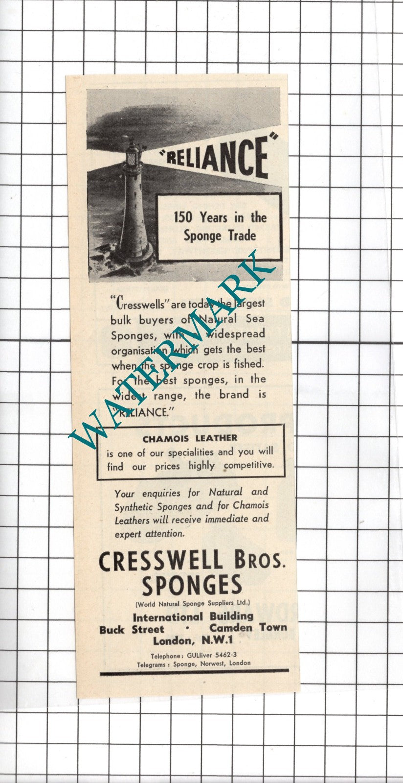 Cresswell Bros Sponges London - 1954 Small ADVERT