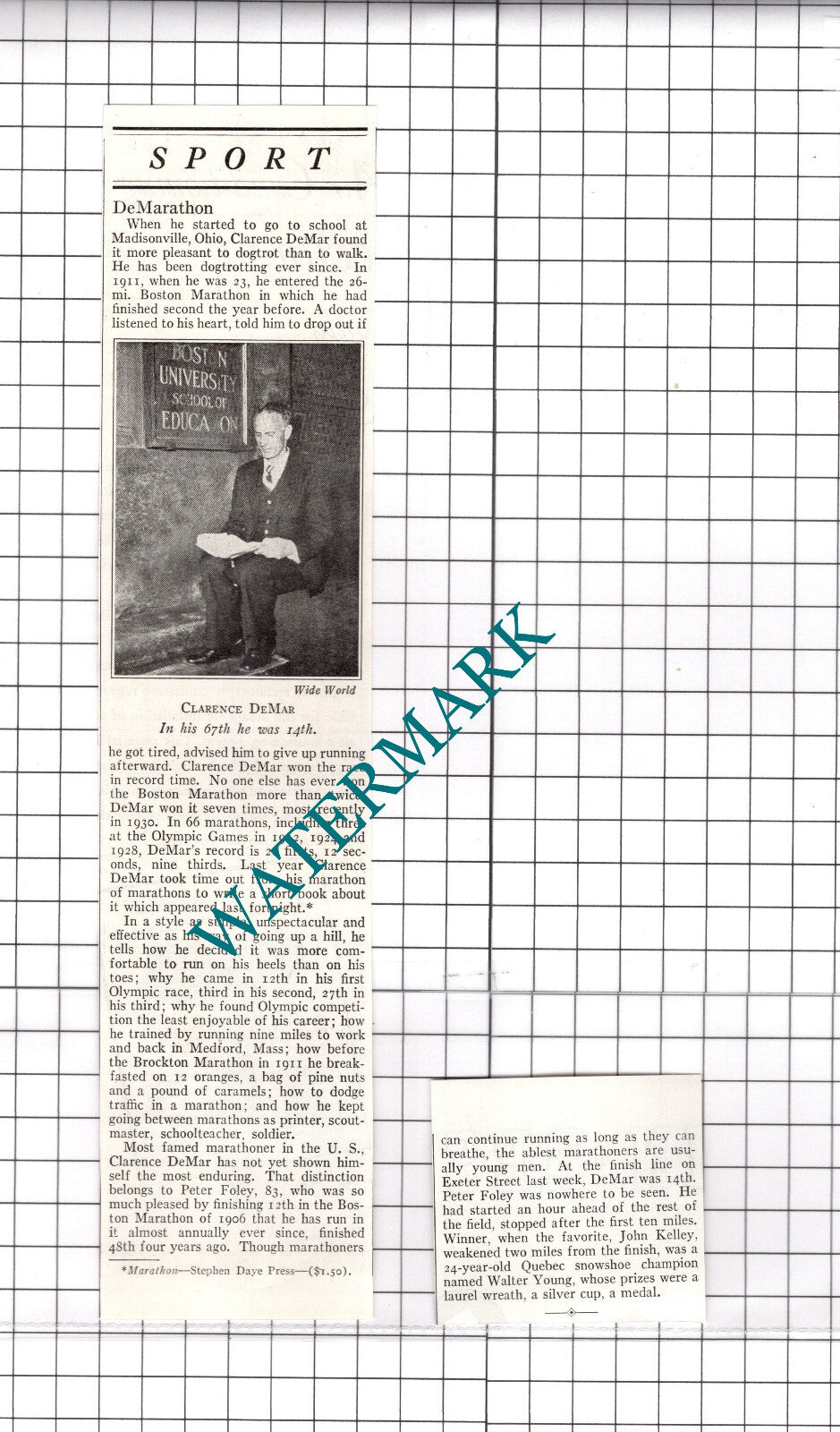 Clarence DeMar  Marathon Runner -  1937 Two-Part  Clipping
