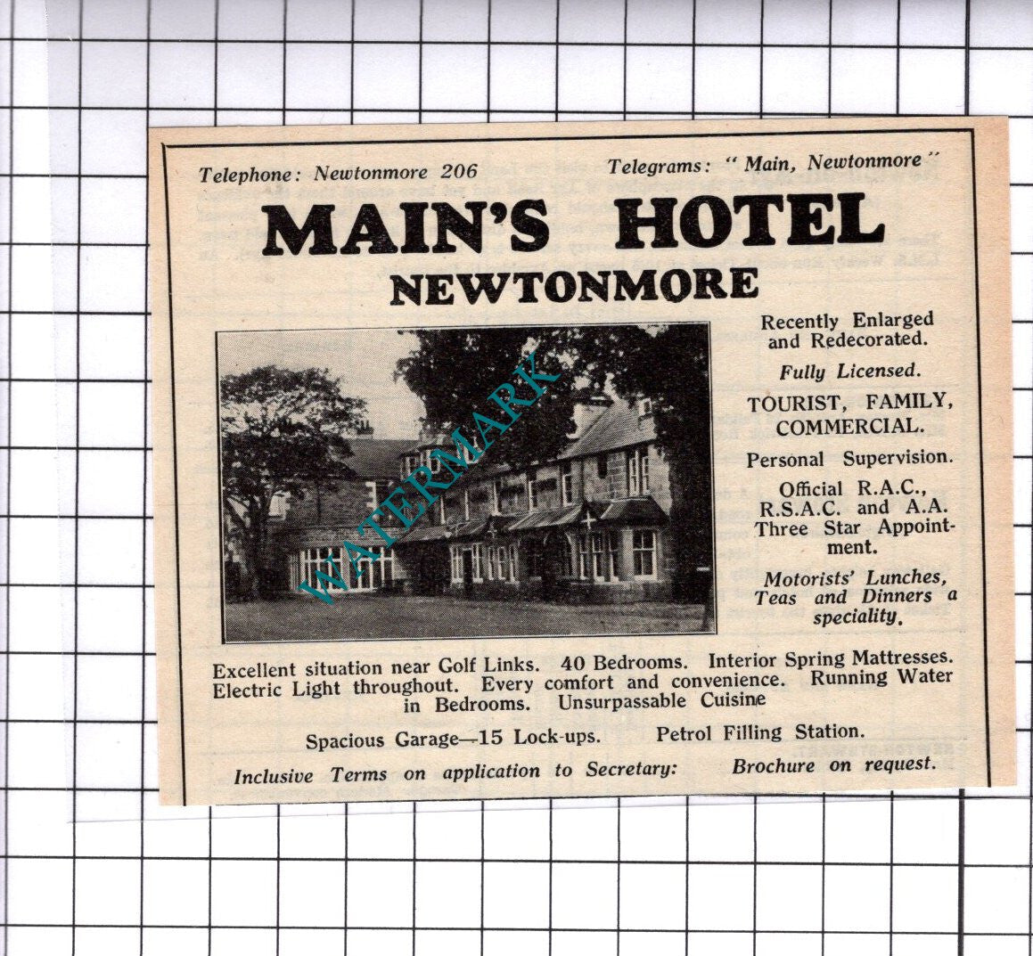 Main's Hotel Newtonmore Small Advert - 1939 Cutting / Print
