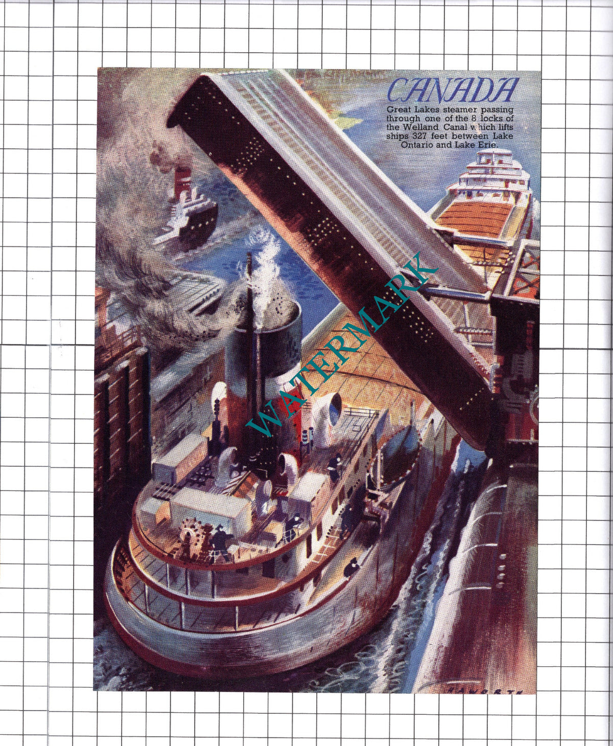 Welland Canal Canada Great Lakes Steamer  - 1940's Book Print