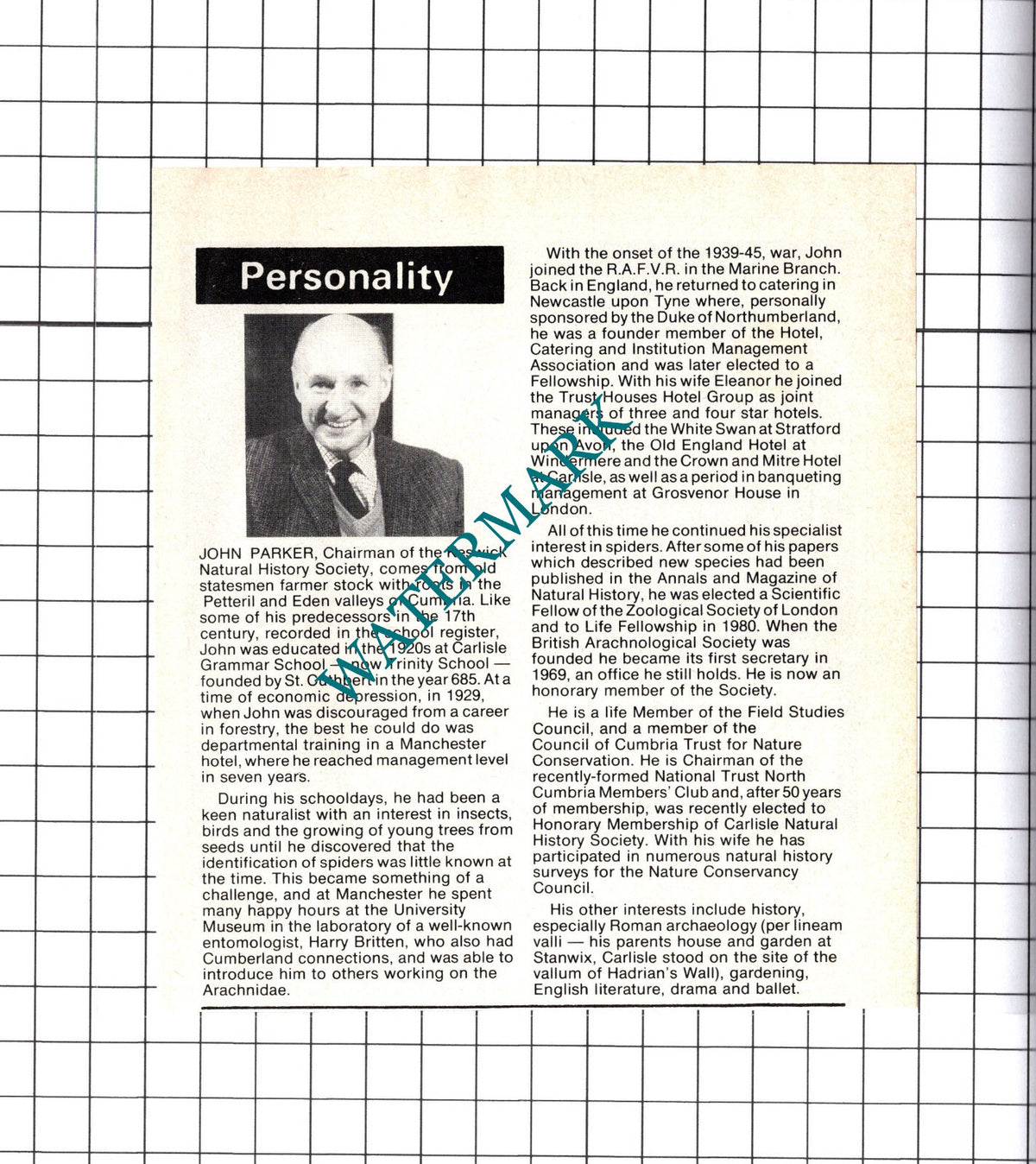 John Parker Keswick Natural History Society  -1982 Cutting
