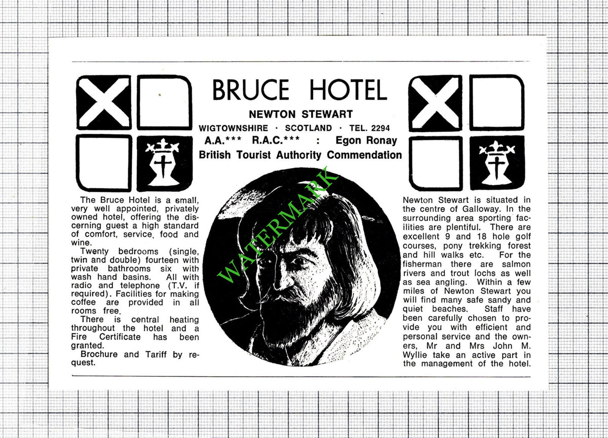 Bruce Hotel Newton Stewart Wigtownshire John Wyllie Small Advert -c.1975 Cutting