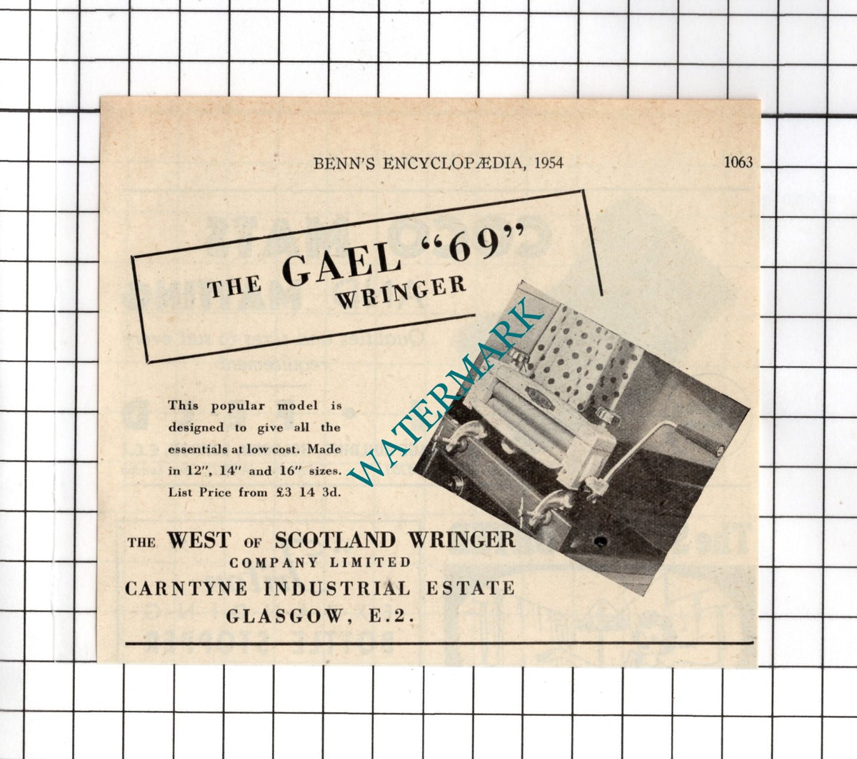 The West Of Scotland Wringer Company Ltd Glasgow Gael 69 - 1954 Small Advert
