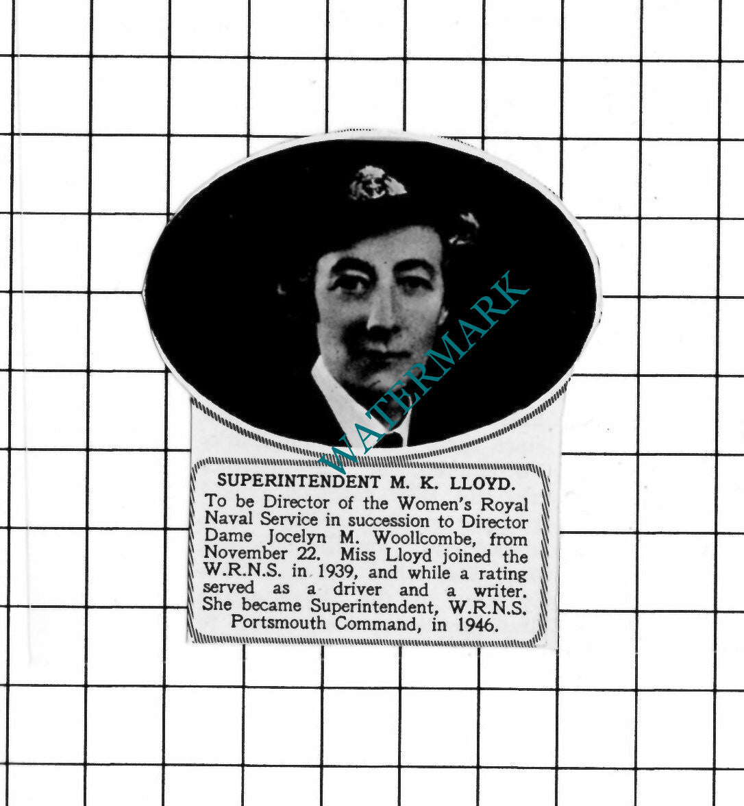 Superintendent M K Lloyd Women's Royal Naval Service 1950 SMALL Clipping / Print