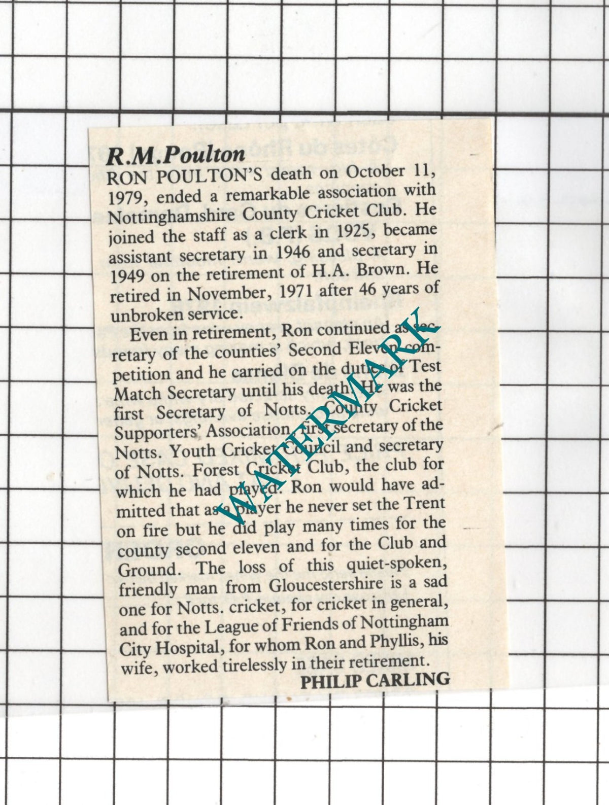 Ron Poulton Nottinghamshire Cricketer Obituary - 1980 SMALL Clipping