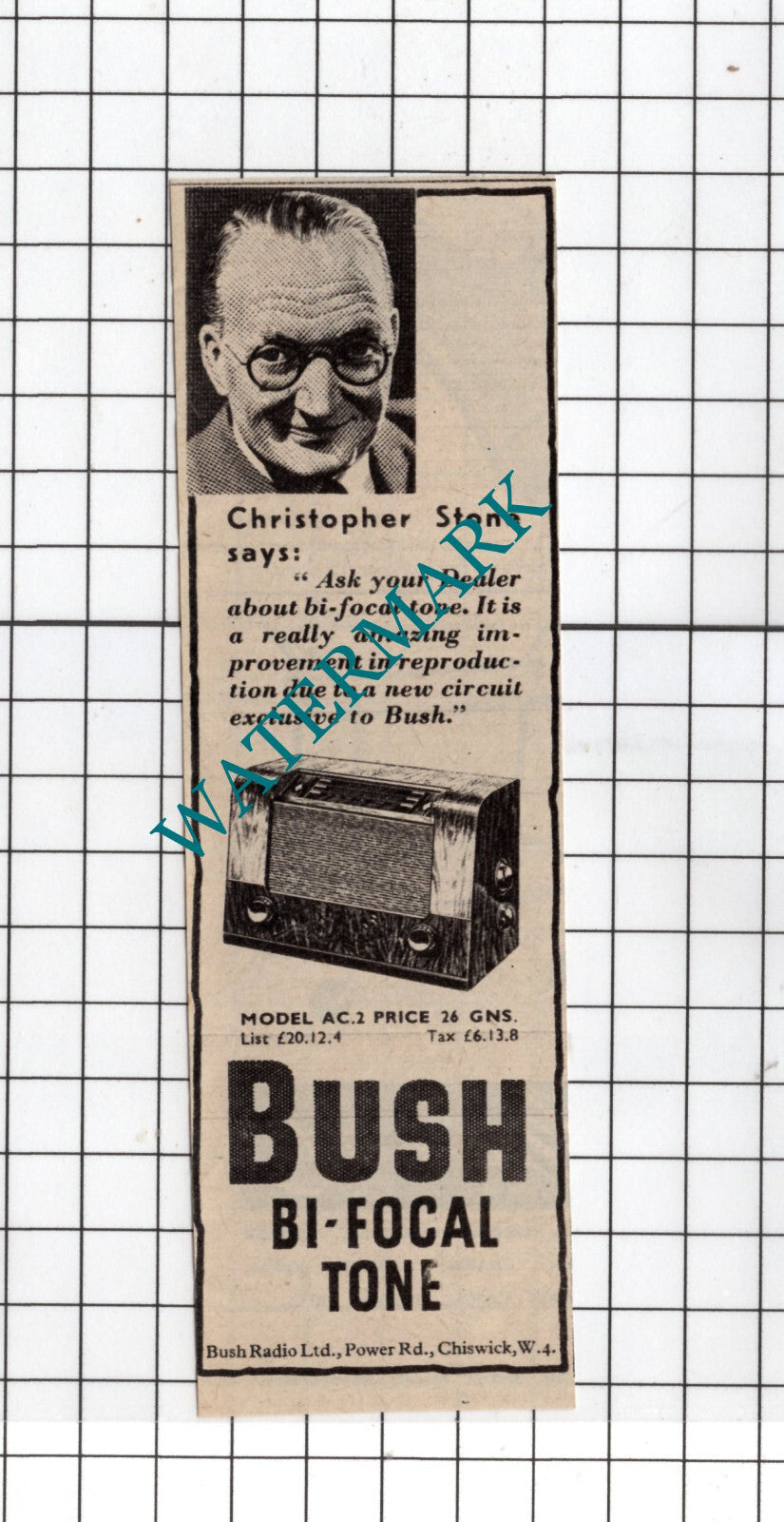 Christopher Stone Bush Radio ADVERT - 1948 SMALL Clipping