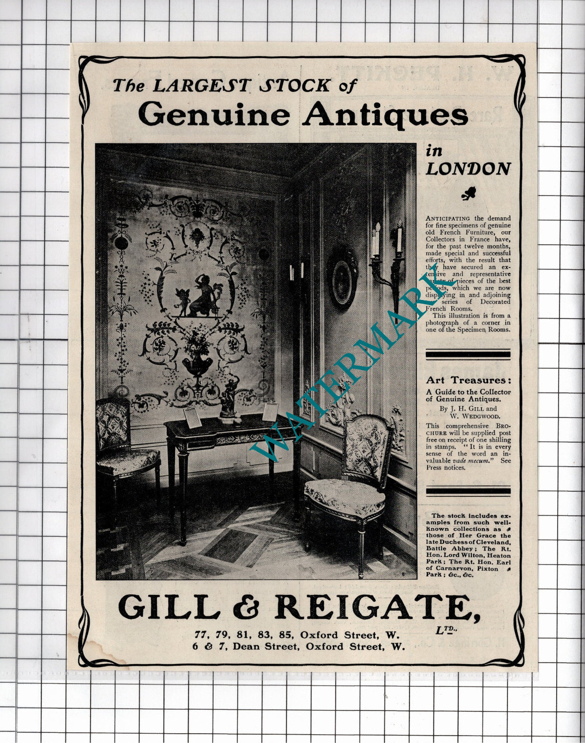 Gill & Reigate London Antiques  - 1902 Advert/ Clipping