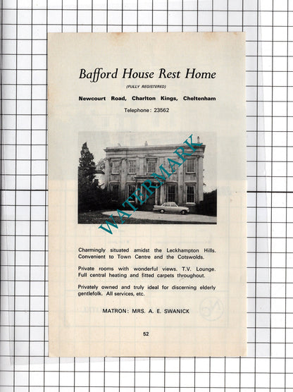Bafford House Rest Home Cheltenham Swanick / Berkeley Hotel  - 1970's Advert