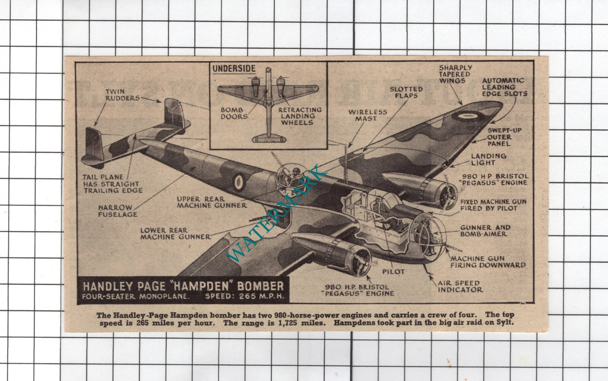 Handley Page Hampden Bomber Plane Diagram  WW2  - 1940 Small Clipping