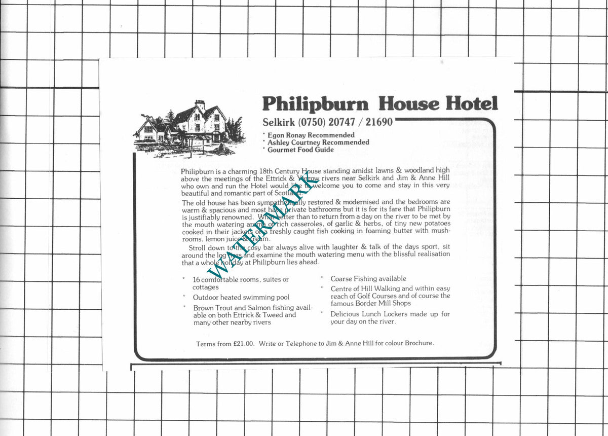 Philipburn House Hotel Selkirk Jim Hill Small Advert  - c.1984 Clipping / Print