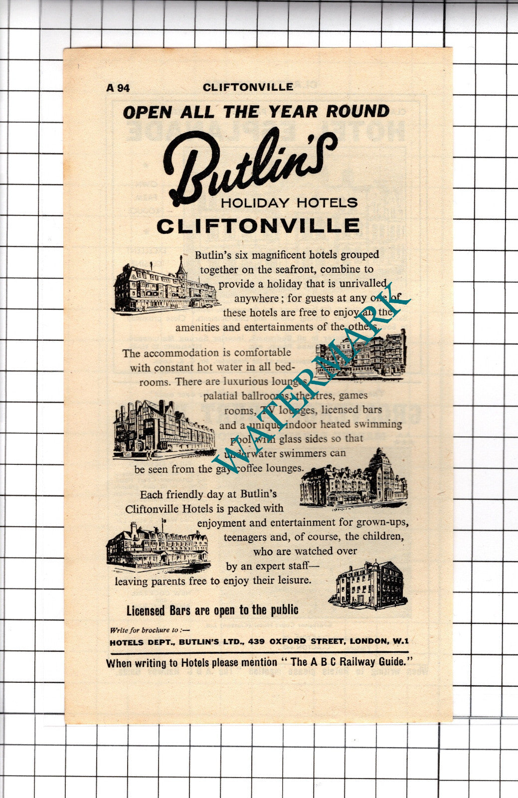Butlin's Hotel Cliftonville Kent / Hotel Esplanade Clacton Advert - 1958 Cutting