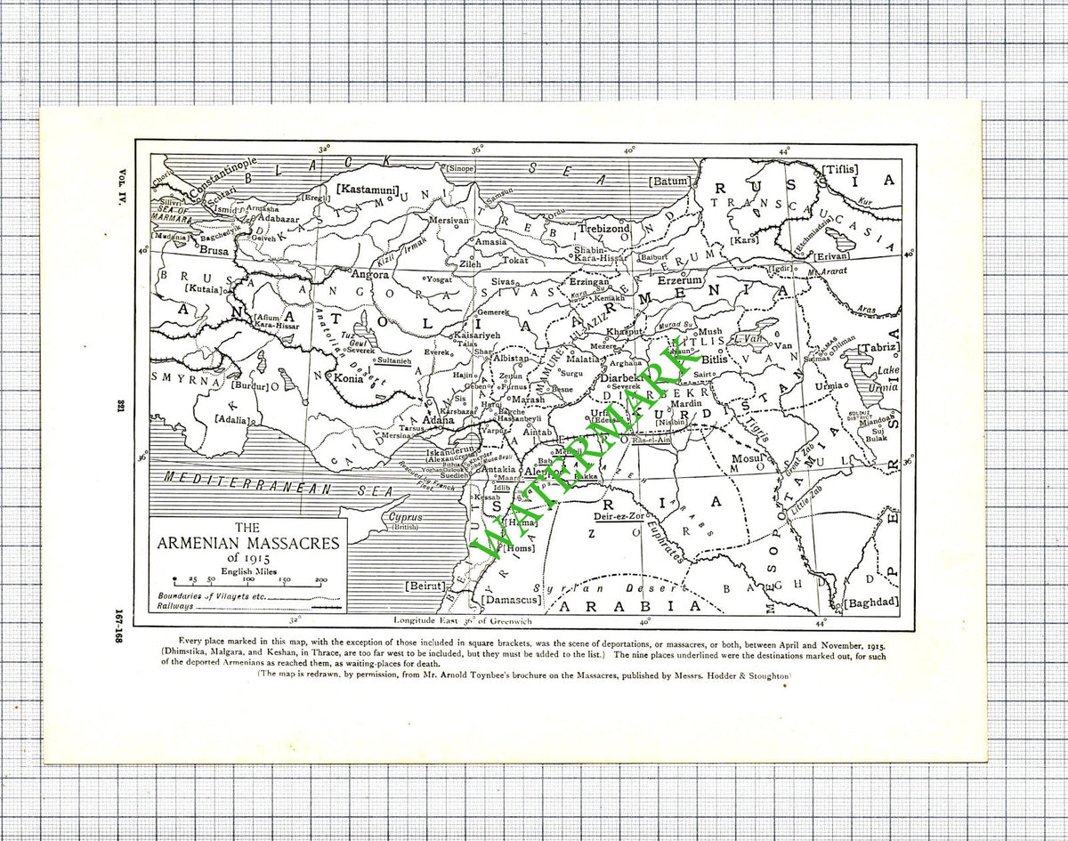 Armenian Massacres Small Map Great War WW1 - c.1920 Cutting