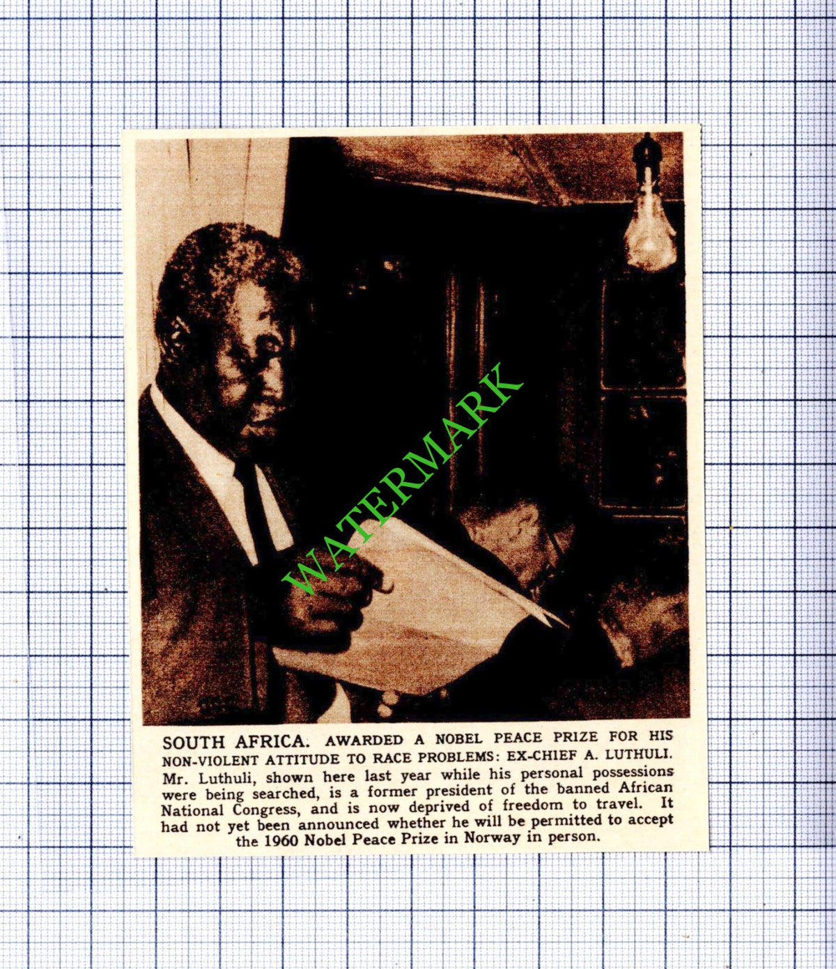 Ex Chief A Luthuli Nobel Peace Prize  -  1961 Cutting