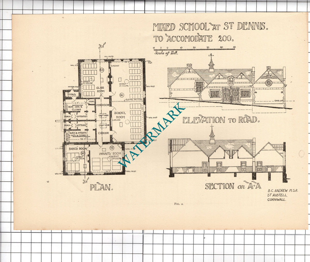 St Dennis Cornwall School B C Andrew Architect - c.1910  Cutting