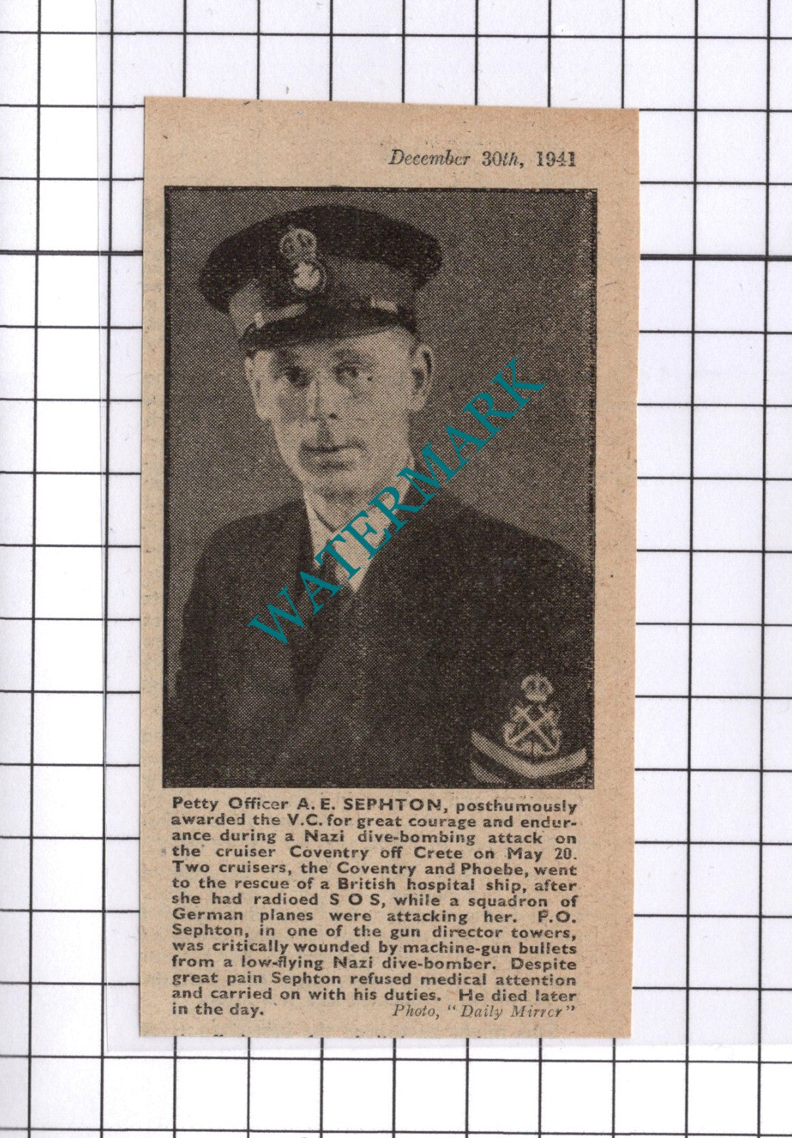 Petty Officer A E Sephton World War Two WW2 - 1941 Clipping
