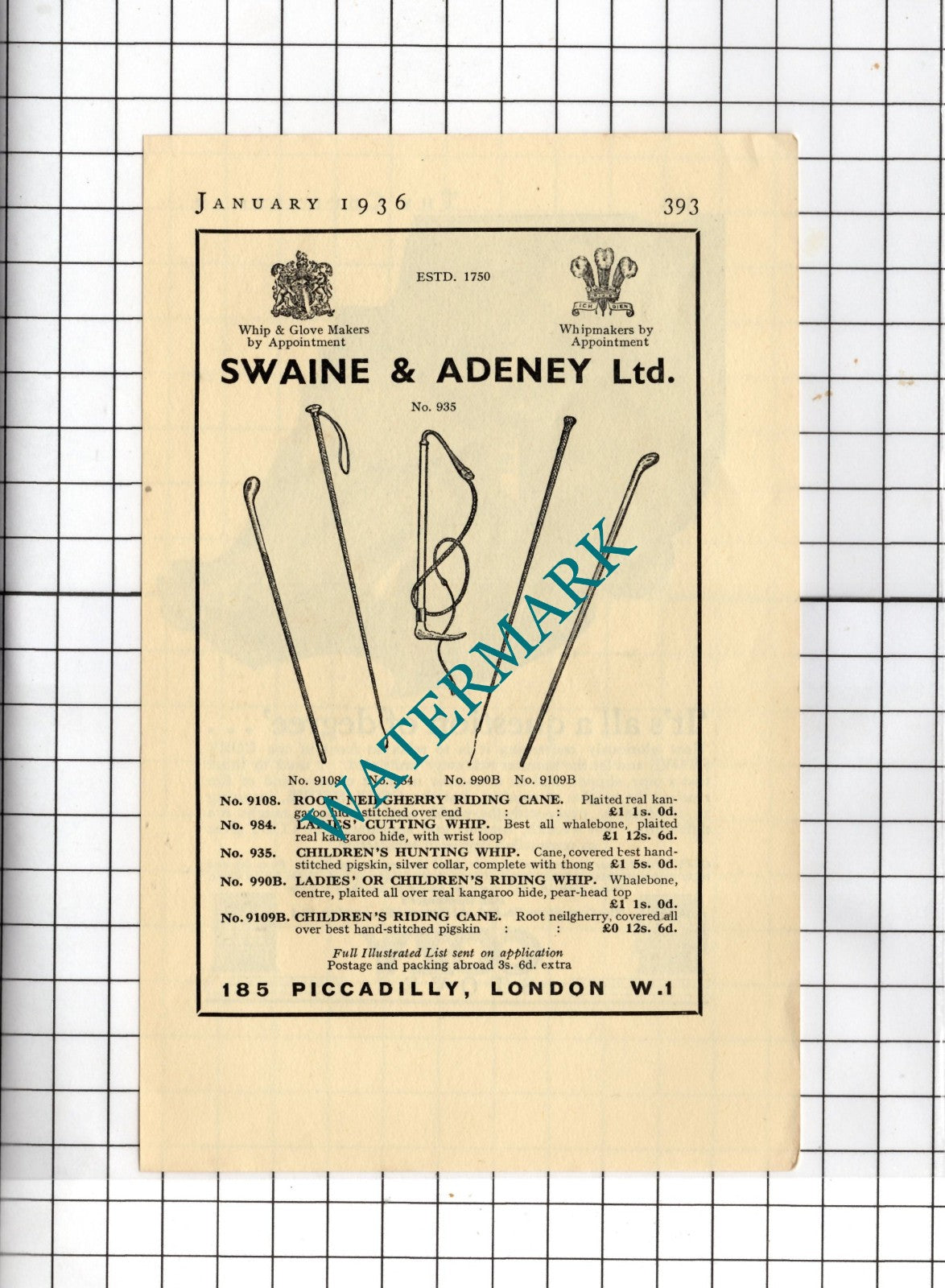 Swaine & Adeney Ltd  London - 1936 Small Advert