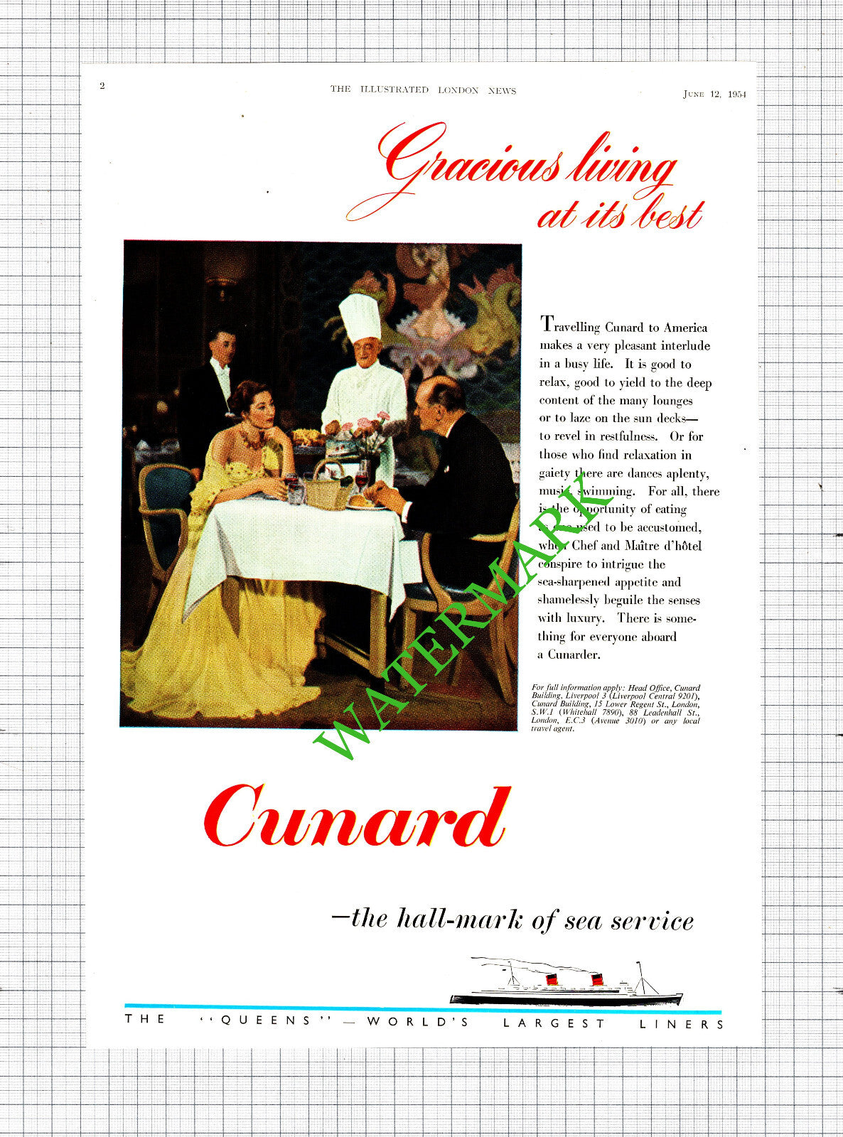 Cunard Ship ADVERT - 1954 Cutting / Print