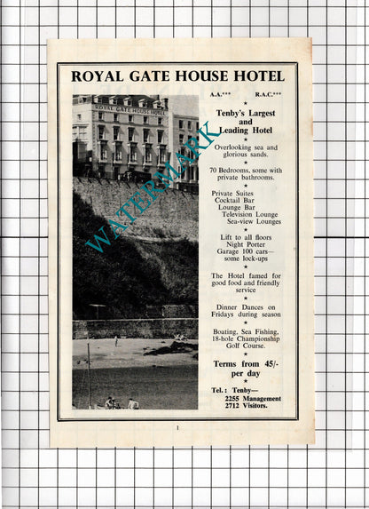 Royal Gate House Hotel Tenby Wales / Esplanade Hotel Tenby Pat Dart -1962 ADVERT