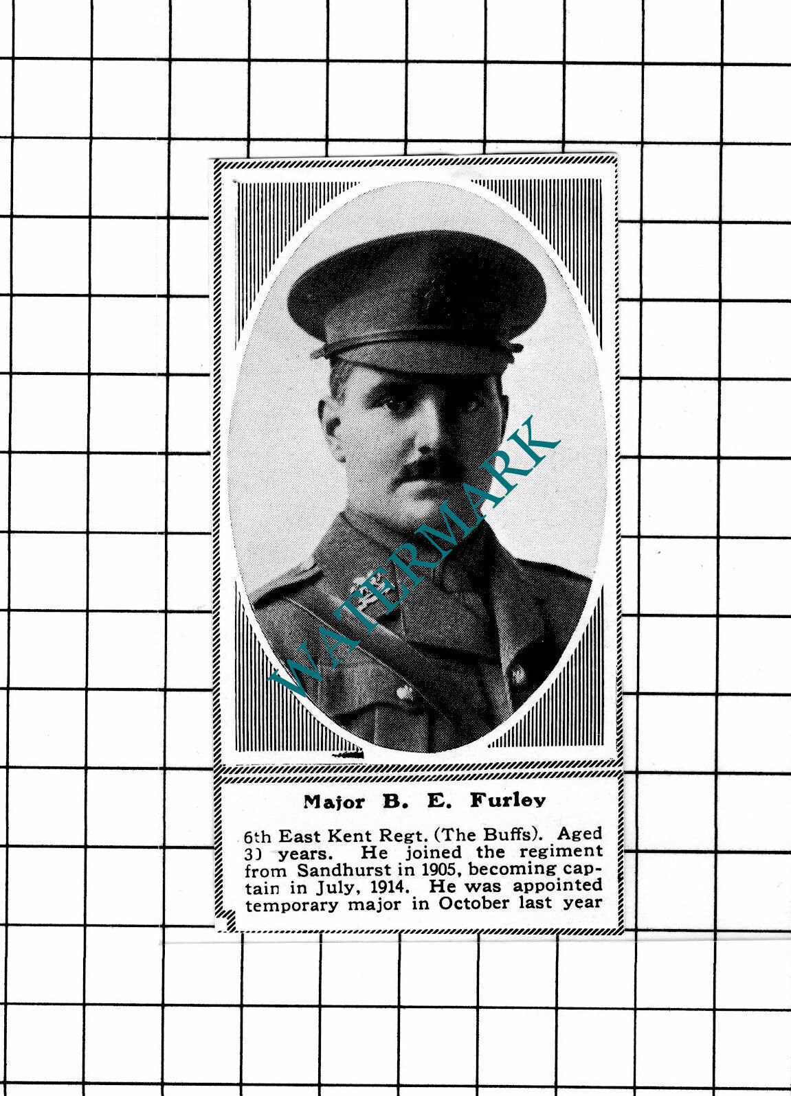 Major B E Furley 6th East Kent Regt WW1 - c.1918 SMALL Clipping