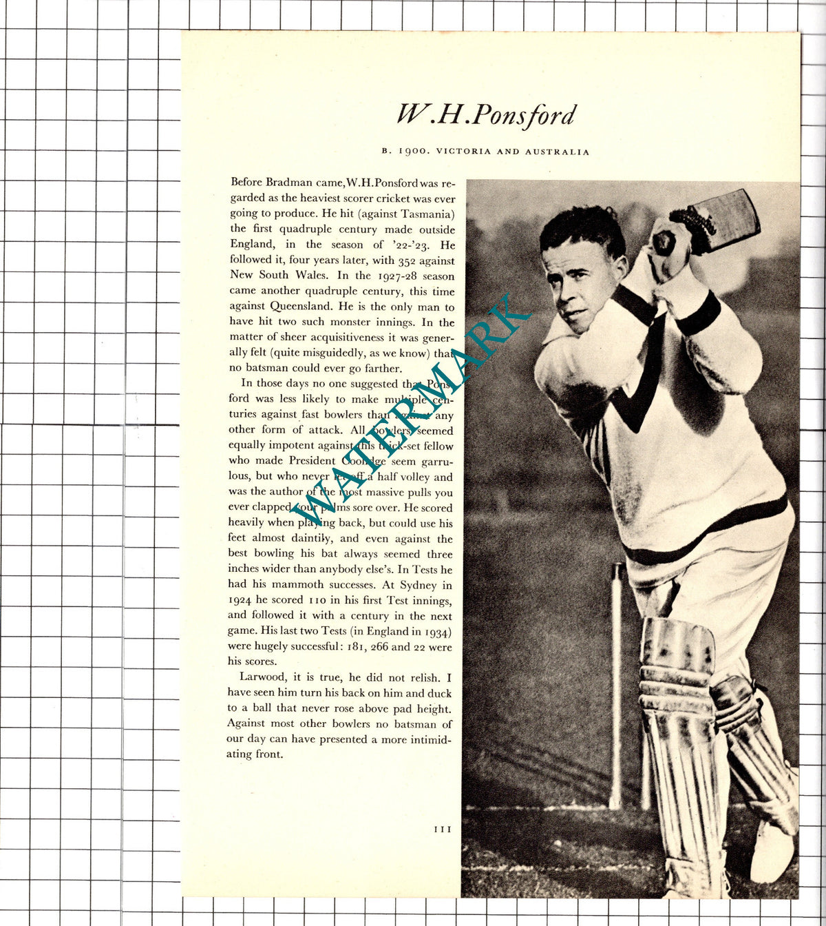 W H Ponsford Cricketer / Robert Catterall  Cricket - 1952 Book Print