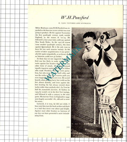 W H Ponsford Cricketer / Robert Catterall  Cricket - 1952 Book Print