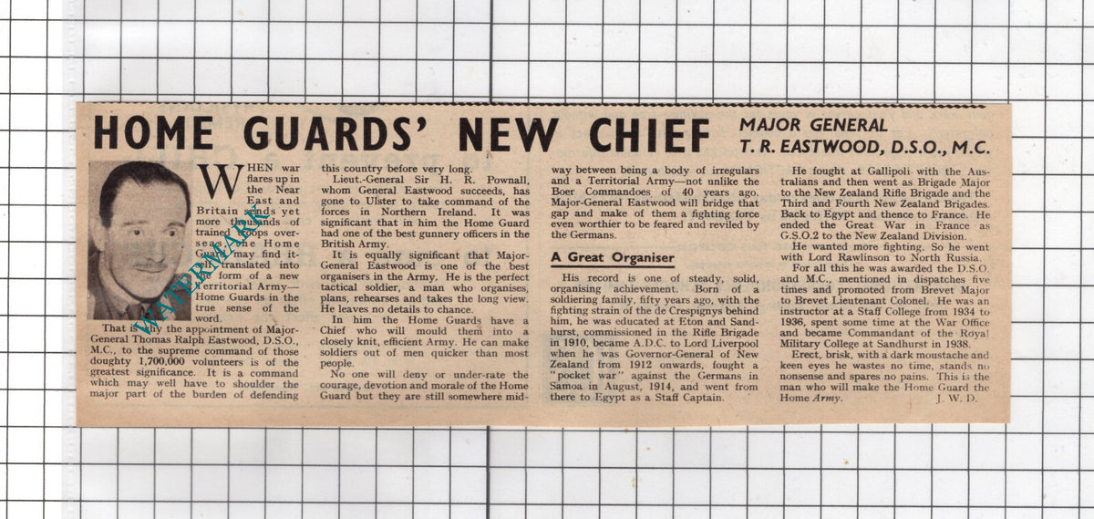 Major General Thomas Ralph Eastwood Home Guard  - 1940 Clipping