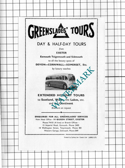 Greenslades Tours Exeter / Leslie Fulford & Son Exeter Advert - 1957 Clipping