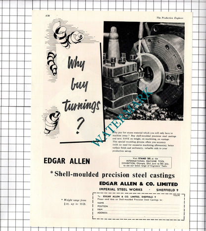 Edgar Allen & Co Ltd Steel Works Sheffield / Monks & Crane Ltd - 1960 Advert