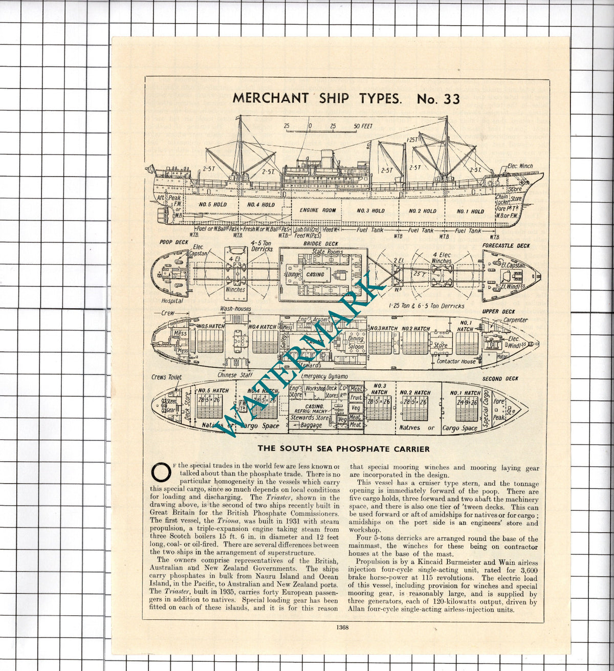 South Sea Phosphate Carrier Ship TRIASTER - c.1940's Cutting / Print