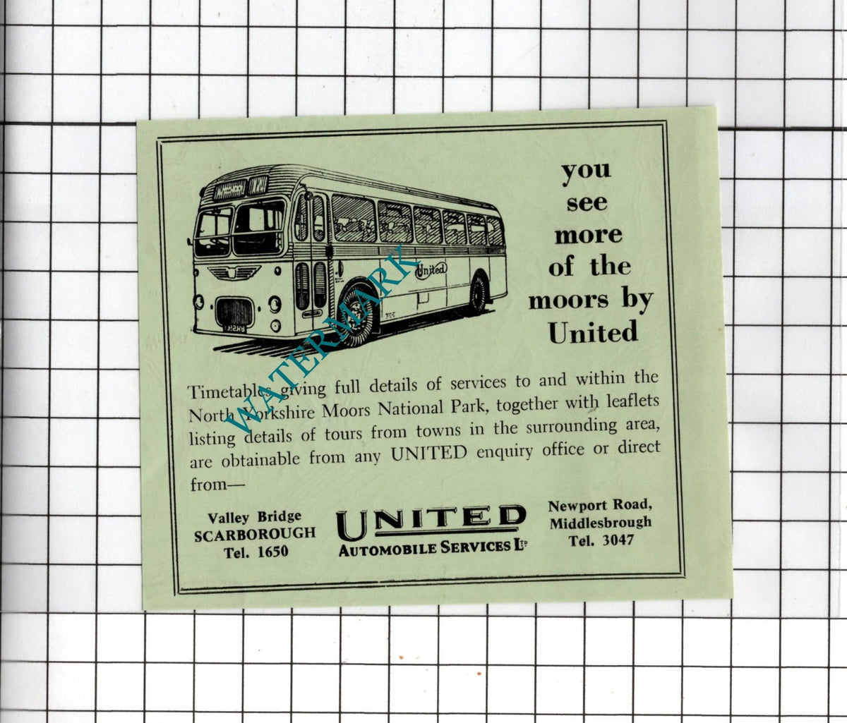 United Automobile Services Ltd Middlesbrough United Bus -  c.1960s Small Advert