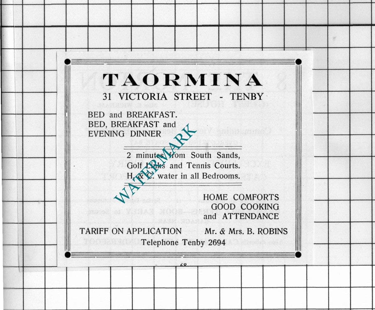 Taormina Tenby Mr & Mrs B Robins  Small Advert - 1962 Cutting