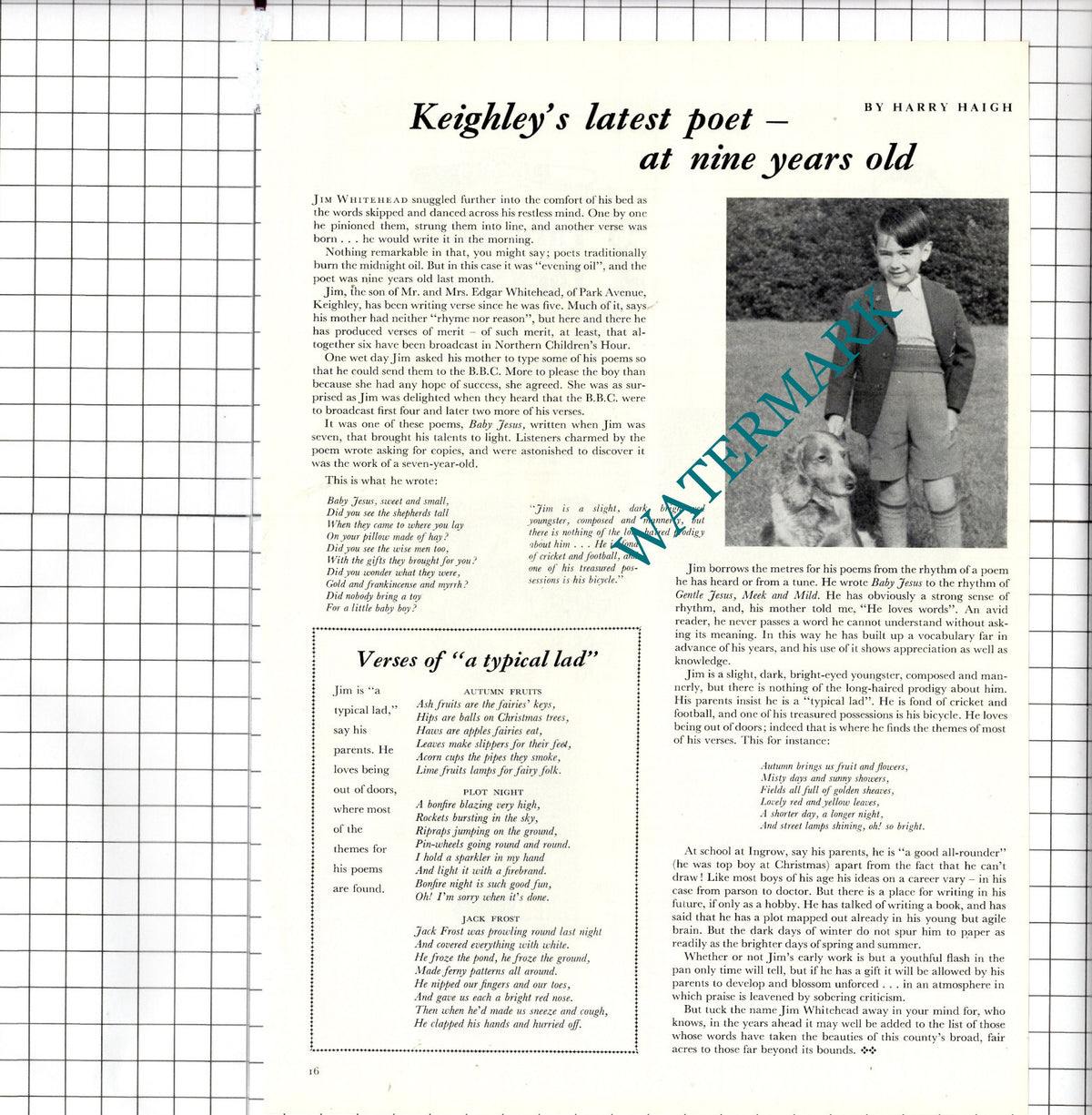 Jim Whitehead Park Avenue Keighley Yorkshire Ingrow Child Poet - 1957 Article
