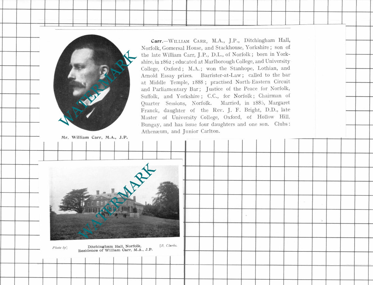 William Carr Ditchingham Hall Norfolk  - 1911 2-Part Clipping