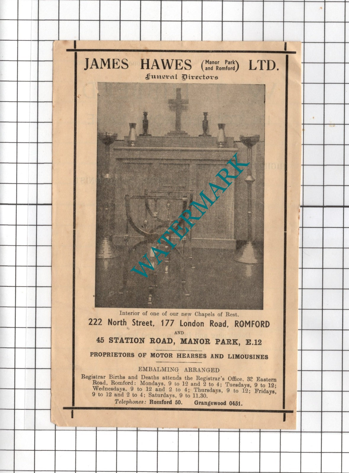 James Hawes Ltd Funeral Directors Romford W T Hibberd Romford -1954 Small Advert