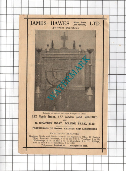 James Hawes Ltd Funeral Directors Romford W T Hibberd Romford -1954 Small Advert