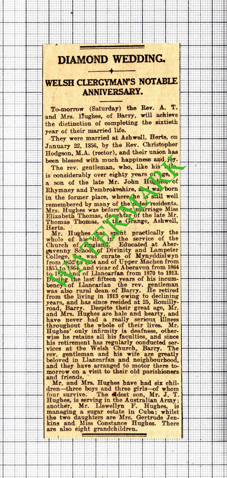 Rev A T and Mrs Hughes Barry Wales Llancarfan Gertrude Jenkins  - 1916 Cutting