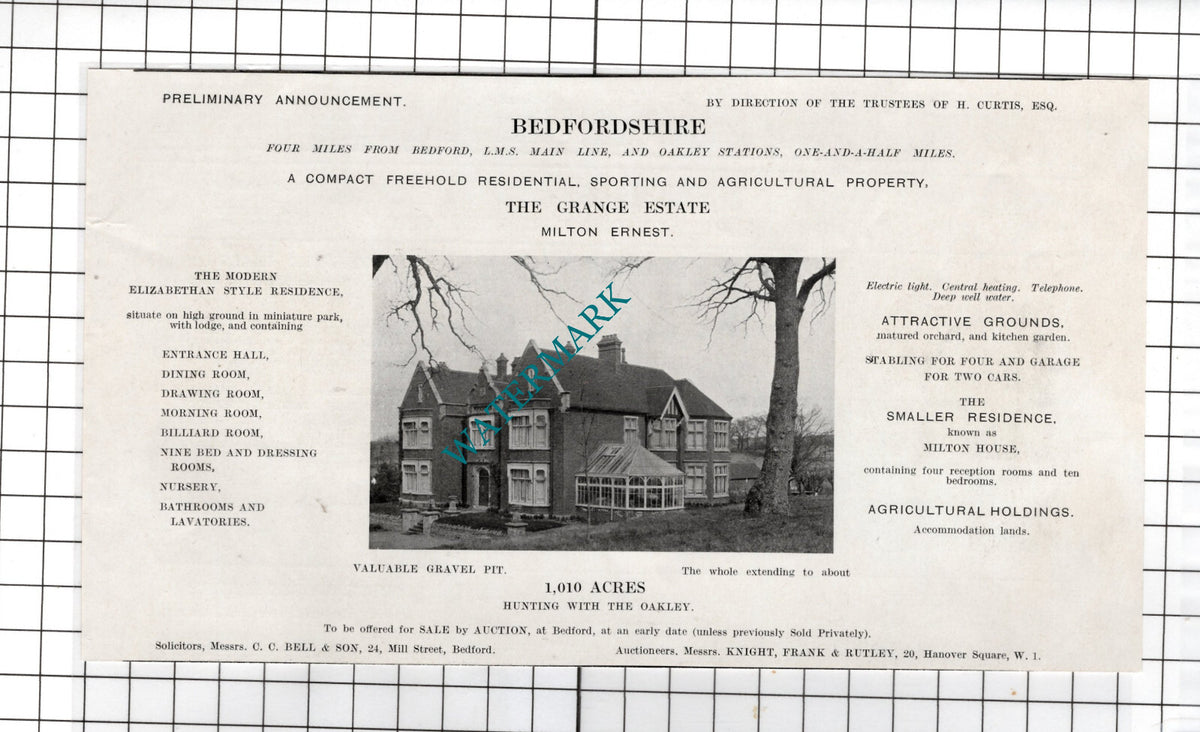 The Grange Estate Milton Ernest Bedfordshire  H Curtis  - 1925 House Sale Advert