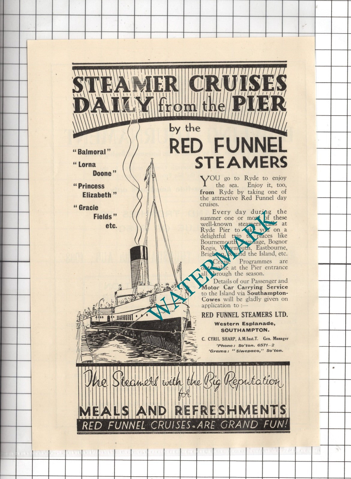 Red Funnel Steamers Ltd Southampton Ryde Isle Of Wight Cyril Sharp - 1938 Advert