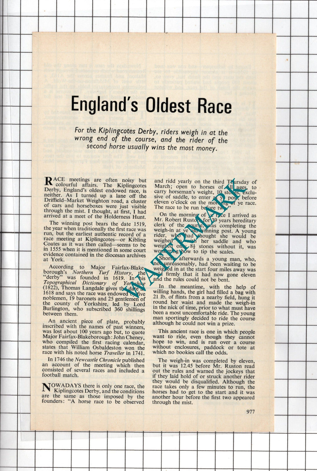 The Kiplingcotes Derby Horse Race John Rowntree - 1974 Small Article